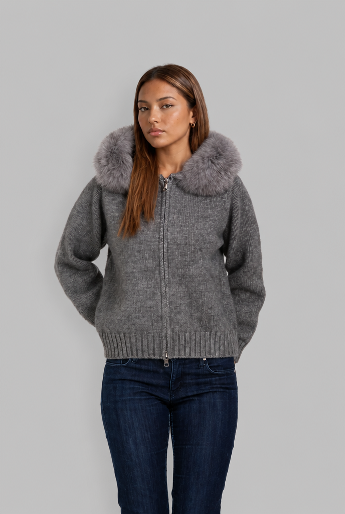 Giacca Donna Corta in Maglia con Zip Collo in Pelliccia Sintetica