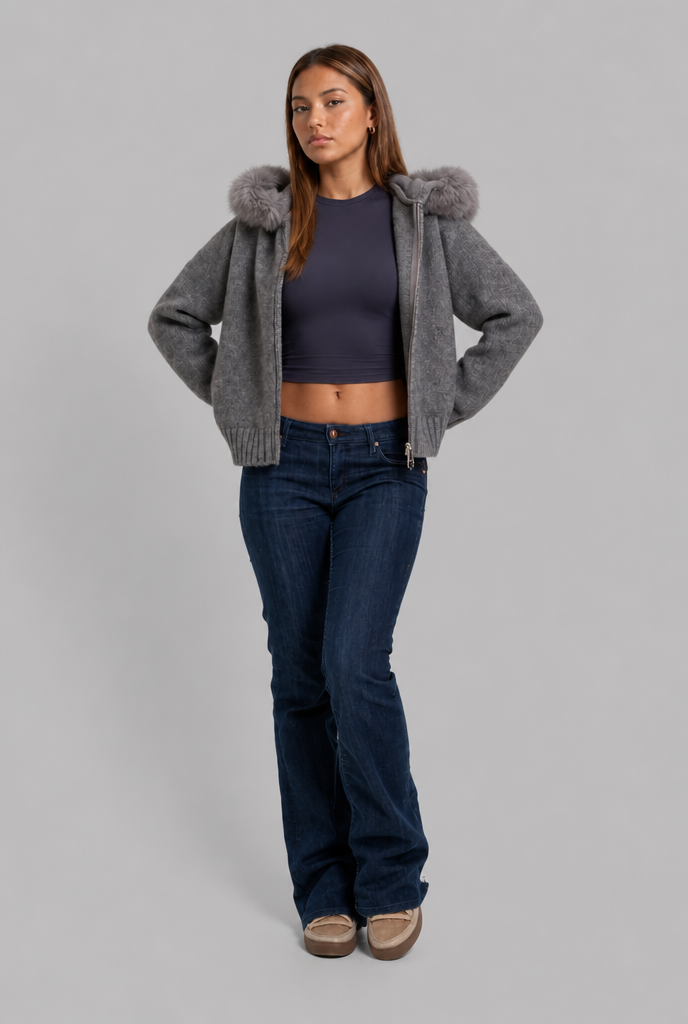Giacca Donna Corta in Maglia con Zip Collo in Pelliccia Sintetica