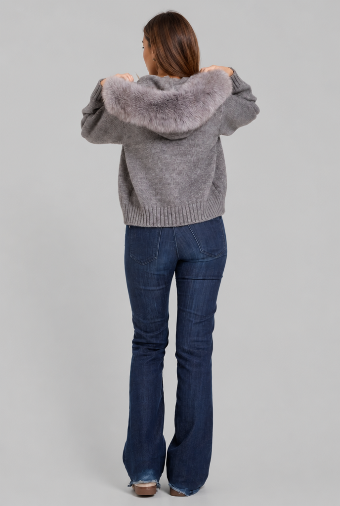 Giacca Donna Corta in Maglia con Zip Collo in Pelliccia Sintetica