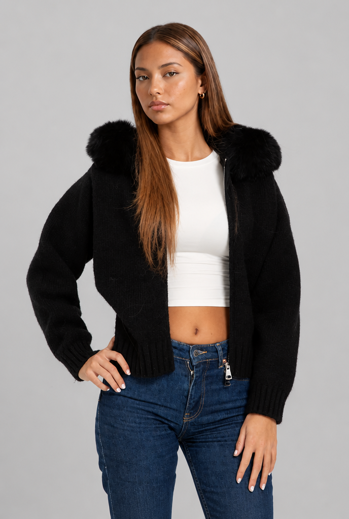 Giacca Donna Corta in Maglia con Zip Collo in Pelliccia Sintetica