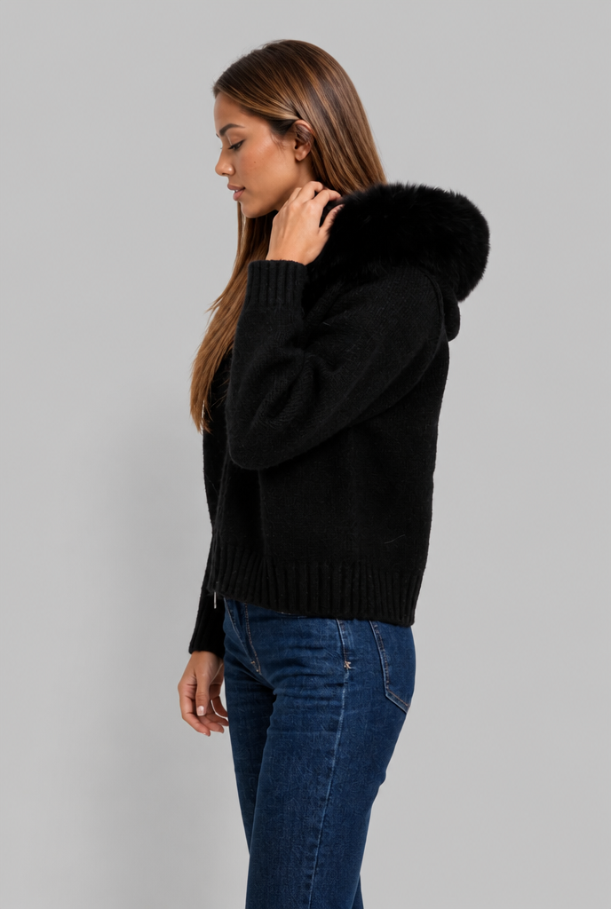 Giacca Donna Corta in Maglia con Zip Collo in Pelliccia Sintetica