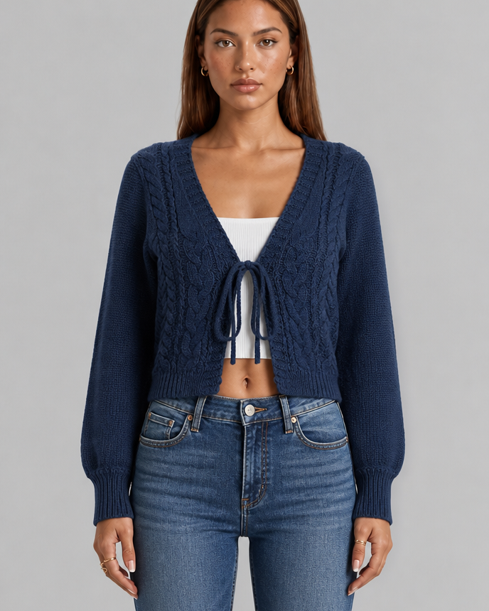 Cardigan Donna Corto in Maglia Grossa a Trecce Chiusura a Fiocco