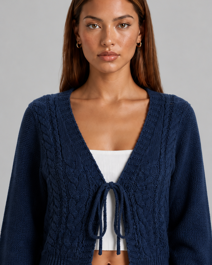 Cardigan Donna Corto in Maglia Grossa a Trecce Chiusura a Fiocco
