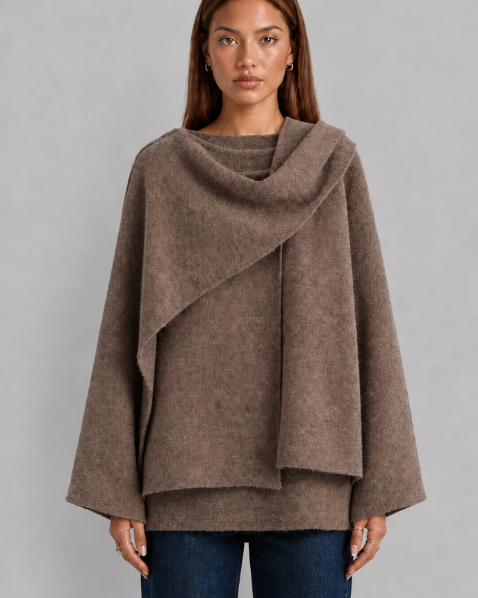 Cappotto Donna a Sciarpa Effetto Lana Bouclé Maniche a Campana