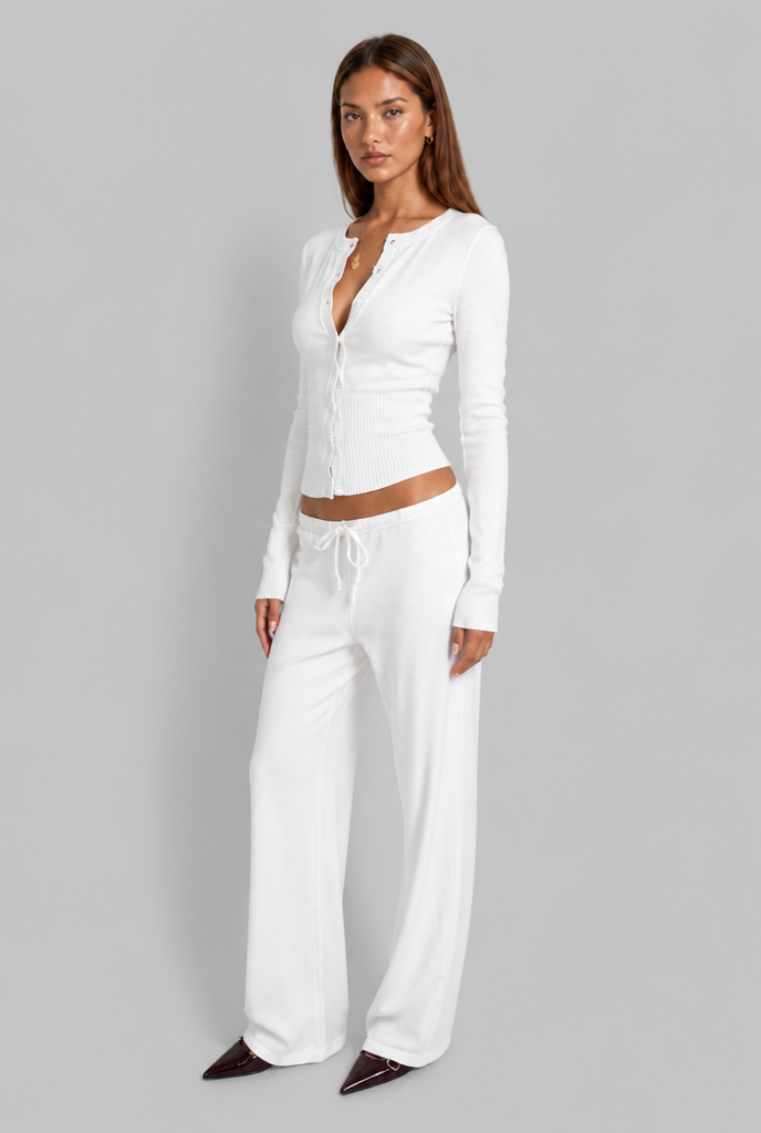 Completo Donna Cardigan a Coste Aderente e Pantaloni Gamba Ampia