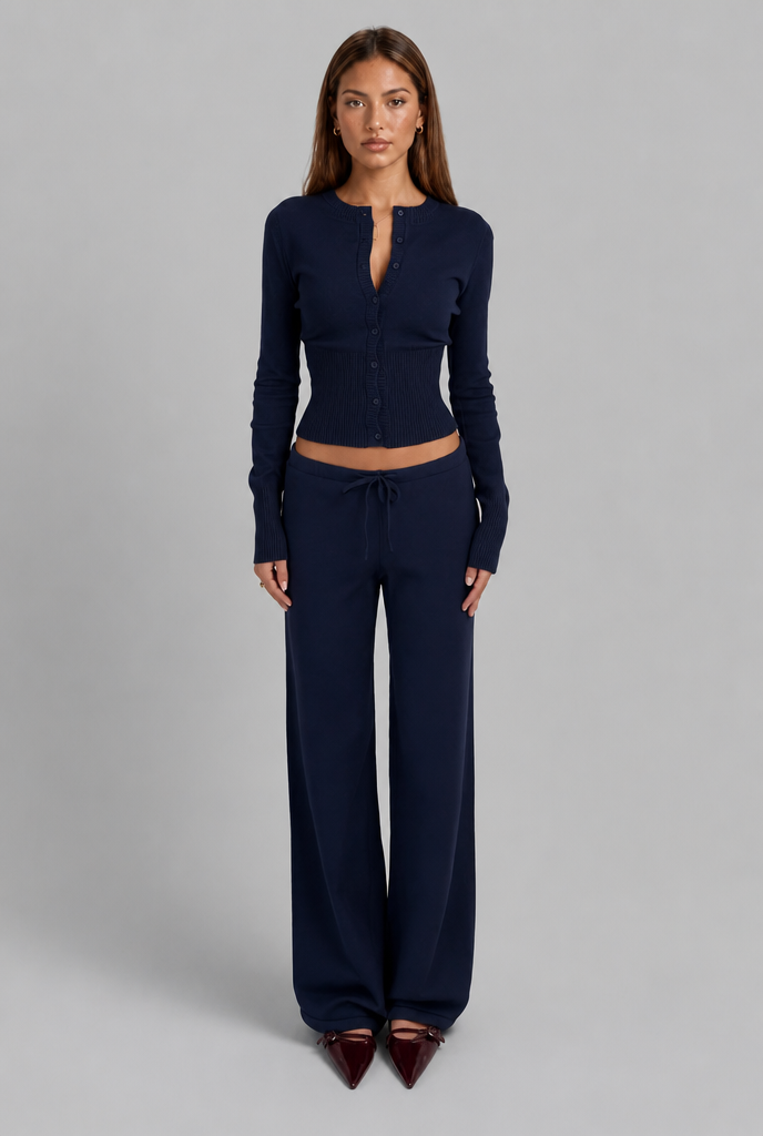 Completo Donna Cardigan a Coste Aderente e Pantaloni Gamba Ampia