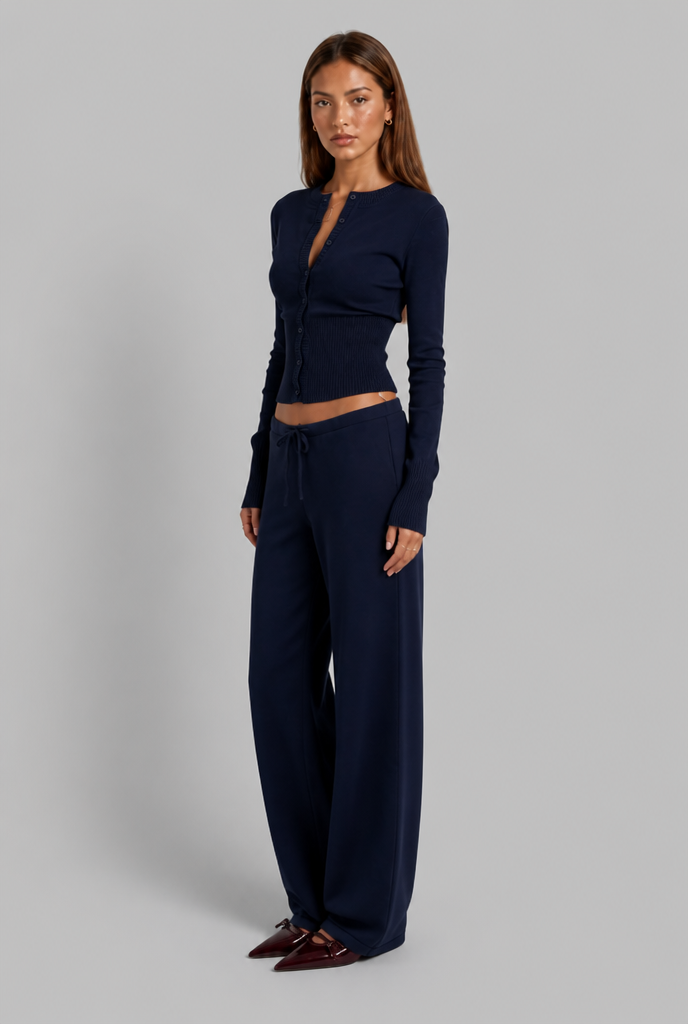 Completo Donna Cardigan a Coste Aderente e Pantaloni Gamba Ampia