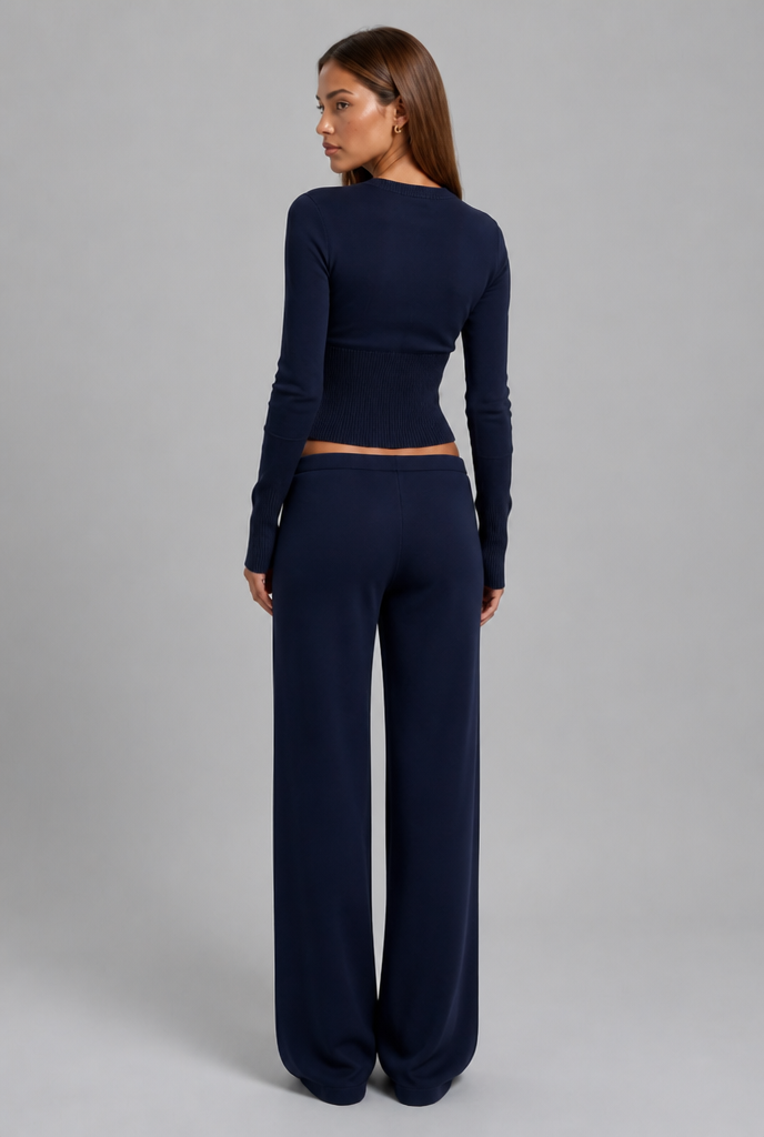 Completo Donna Cardigan a Coste Aderente e Pantaloni Gamba Ampia
