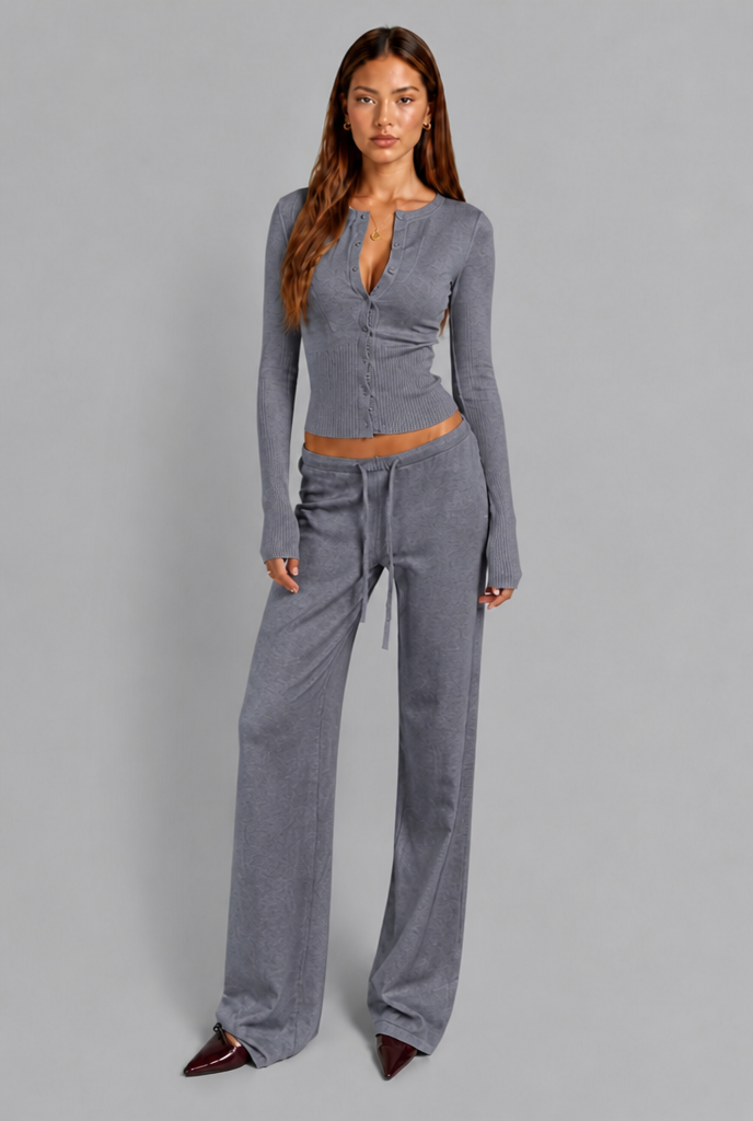 Completo Donna Cardigan a Coste Aderente e Pantaloni Gamba Ampia