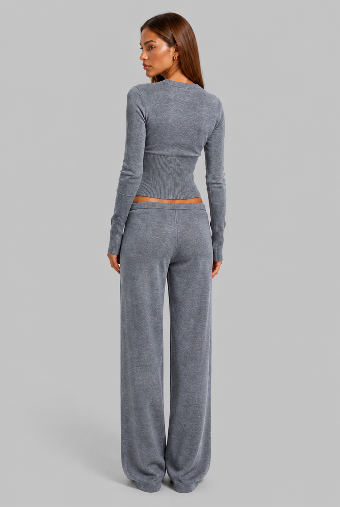 Completo Donna Cardigan a Coste Aderente e Pantaloni Gamba Ampia