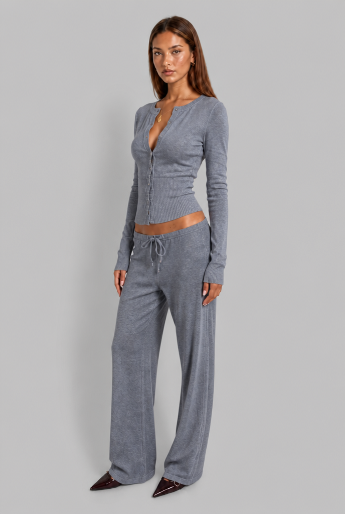 Completo Donna Cardigan a Coste Aderente e Pantaloni Gamba Ampia