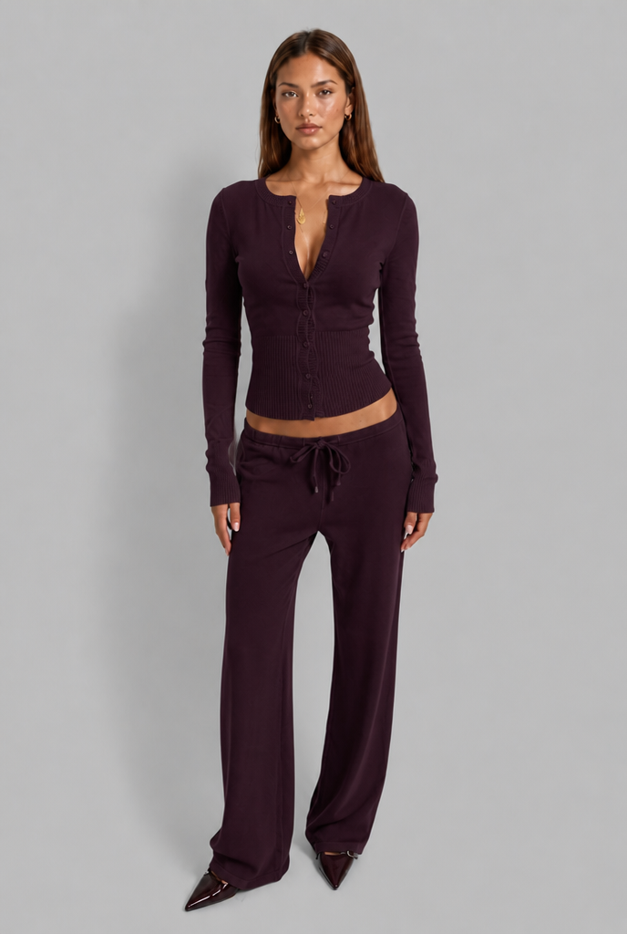 Completo Donna Cardigan a Coste Aderente e Pantaloni Gamba Ampia