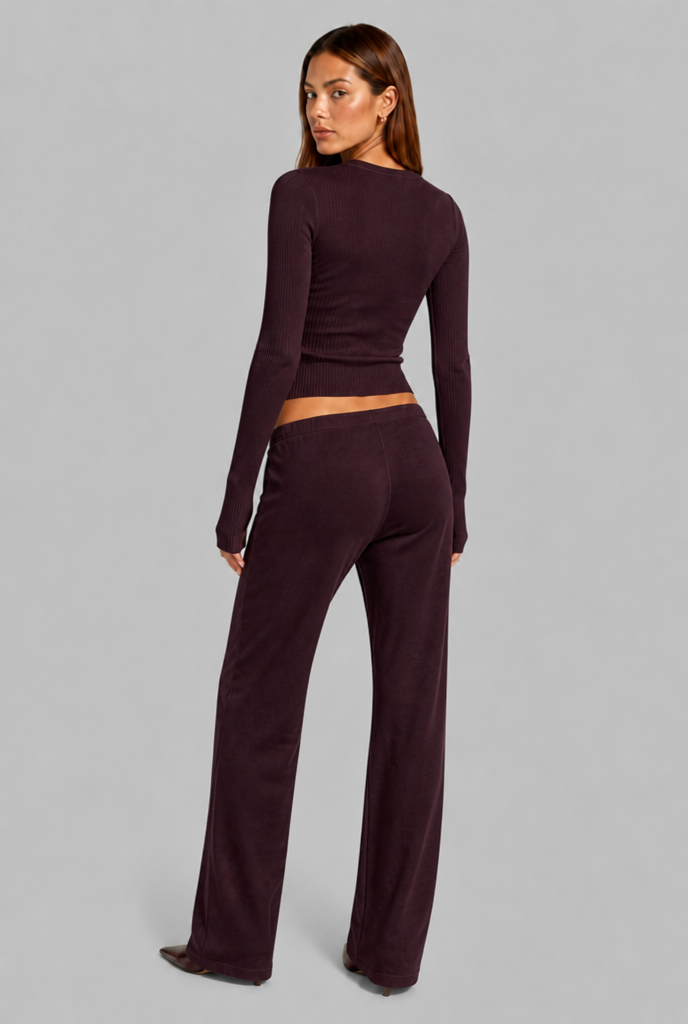 Completo Donna Cardigan a Coste Aderente e Pantaloni Gamba Ampia