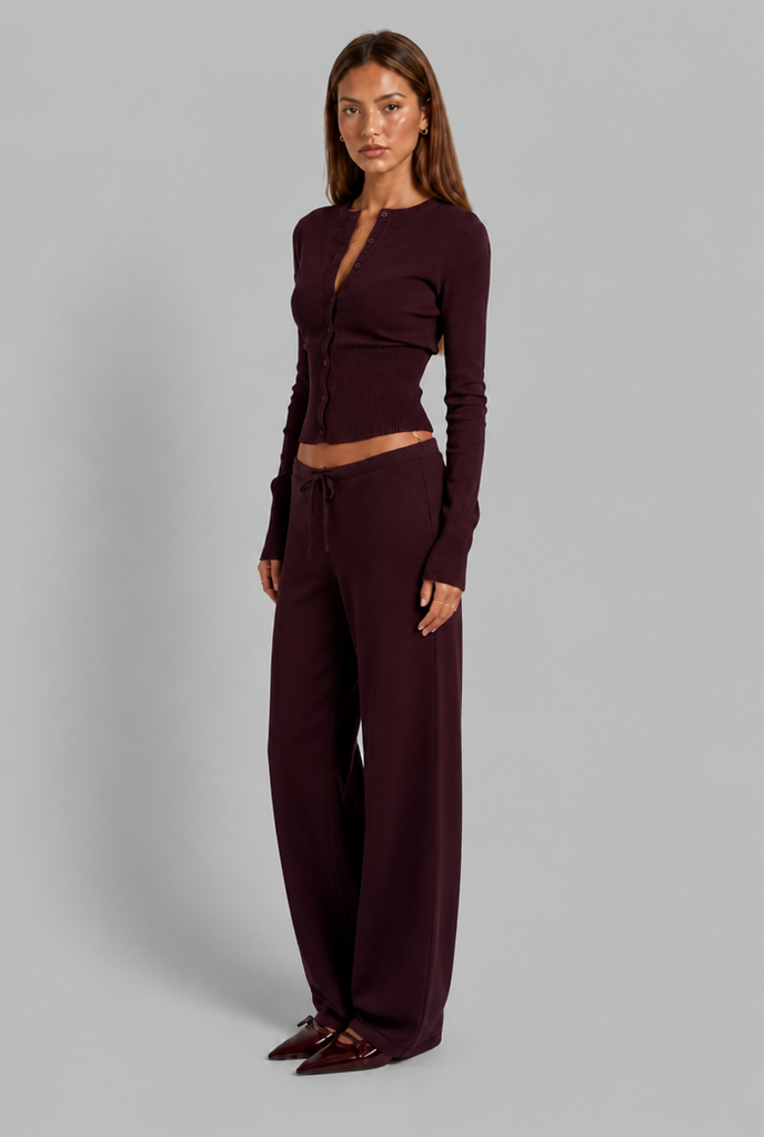 Completo Donna Cardigan a Coste Aderente e Pantaloni Gamba Ampia