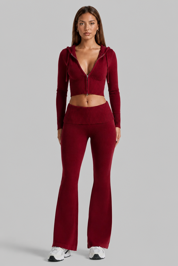Completo Donna in Maglia a Coste Felpa Zip Corta e Pantaloni Zampa