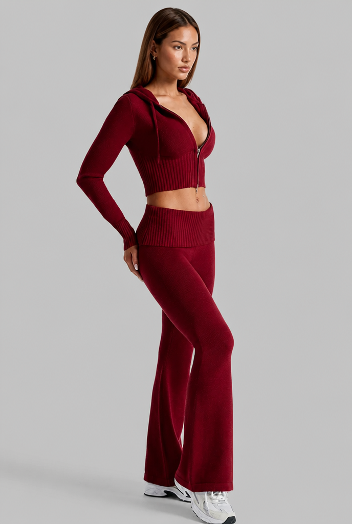 Completo Donna in Maglia a Coste Felpa Zip Corta e Pantaloni Zampa
