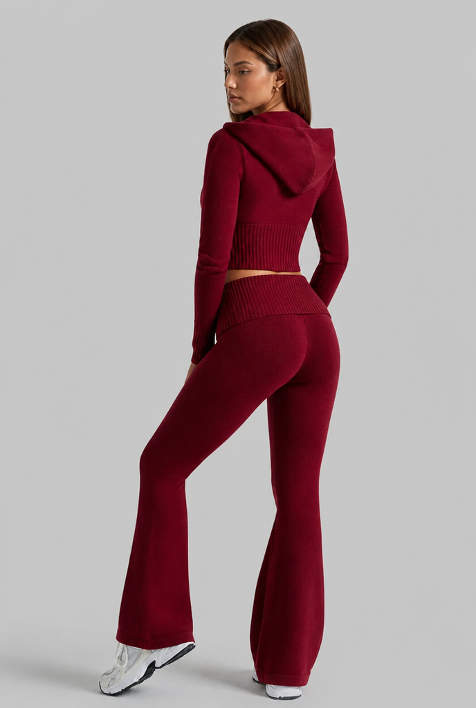 Completo Donna in Maglia a Coste Felpa Zip Corta e Pantaloni Zampa