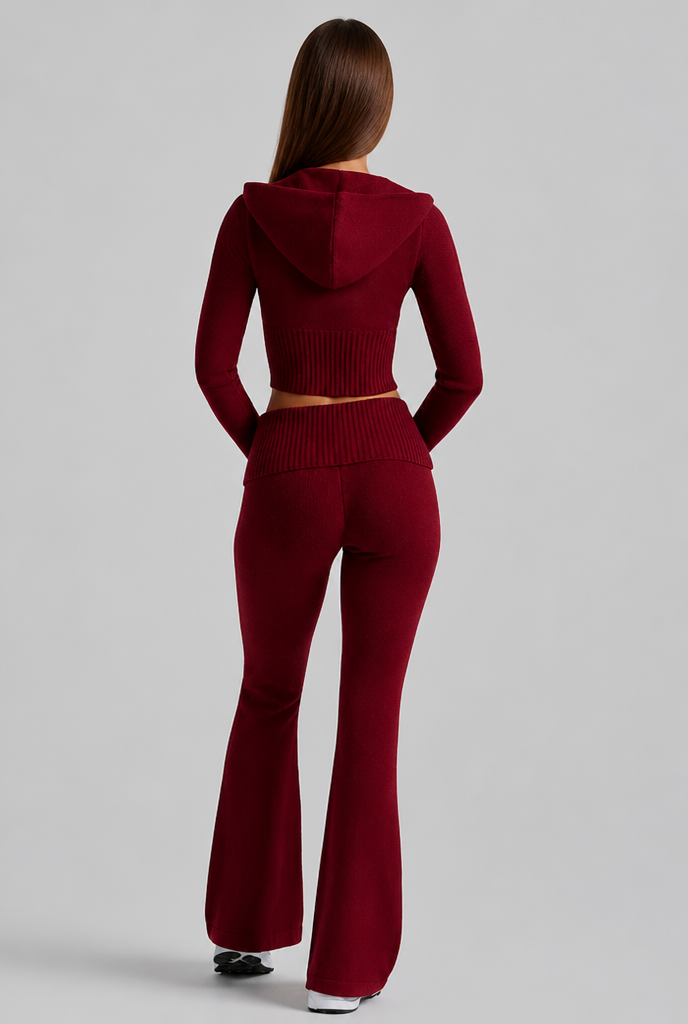 Completo Donna in Maglia a Coste Felpa Zip Corta e Pantaloni Zampa