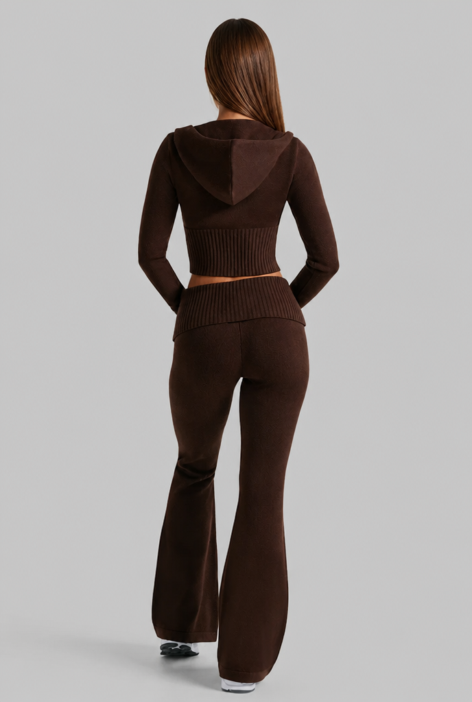 Completo Donna in Maglia a Coste Felpa Zip Corta e Pantaloni Zampa