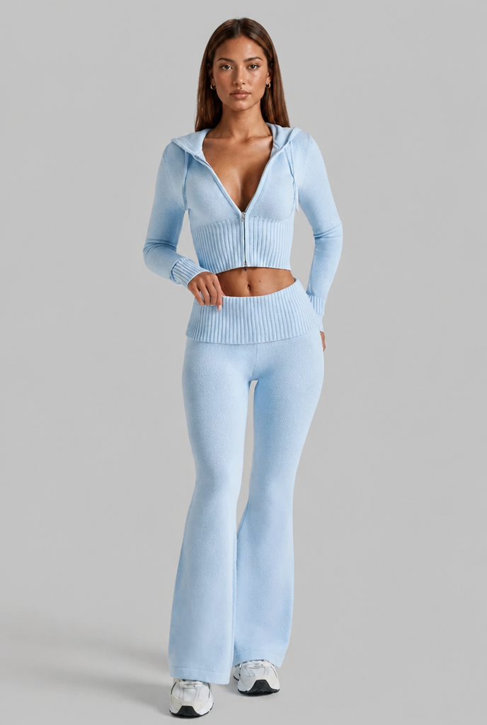 Completo Donna in Maglia a Coste Felpa Zip Corta e Pantaloni Zampa