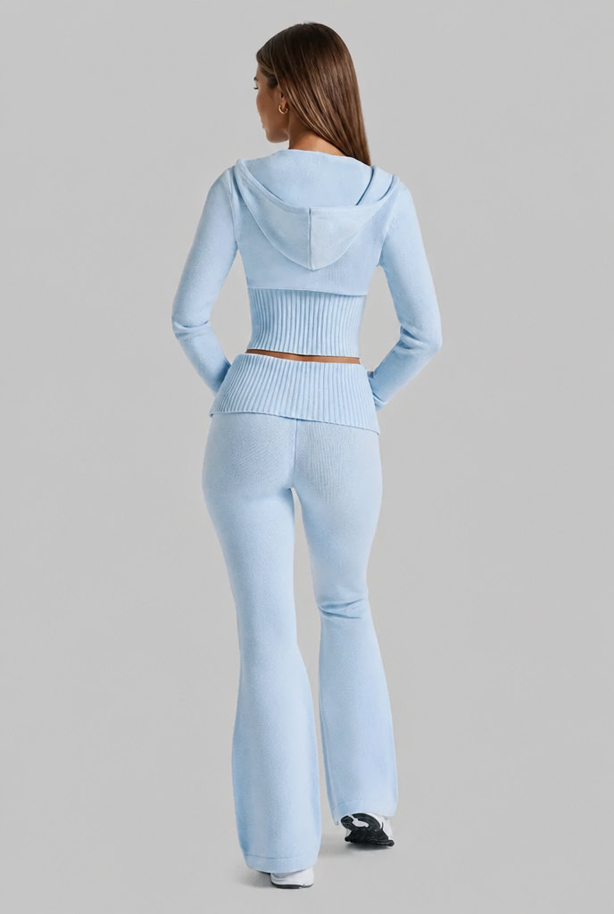 Completo Donna in Maglia a Coste Felpa Zip Corta e Pantaloni Zampa