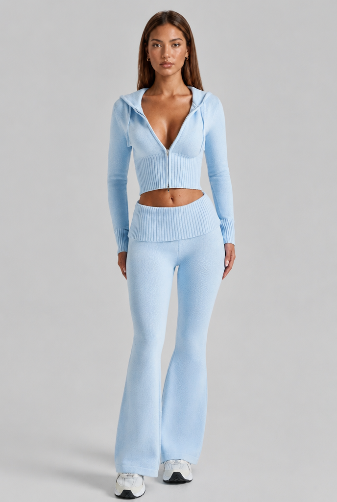 Completo Donna in Maglia a Coste Felpa Zip Corta e Pantaloni Zampa