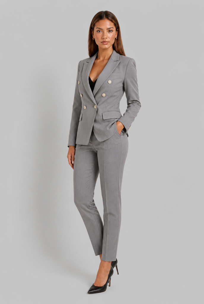 Tailleur Donna Doppiopetto Bottoni Oro e Pantaloni Dritti