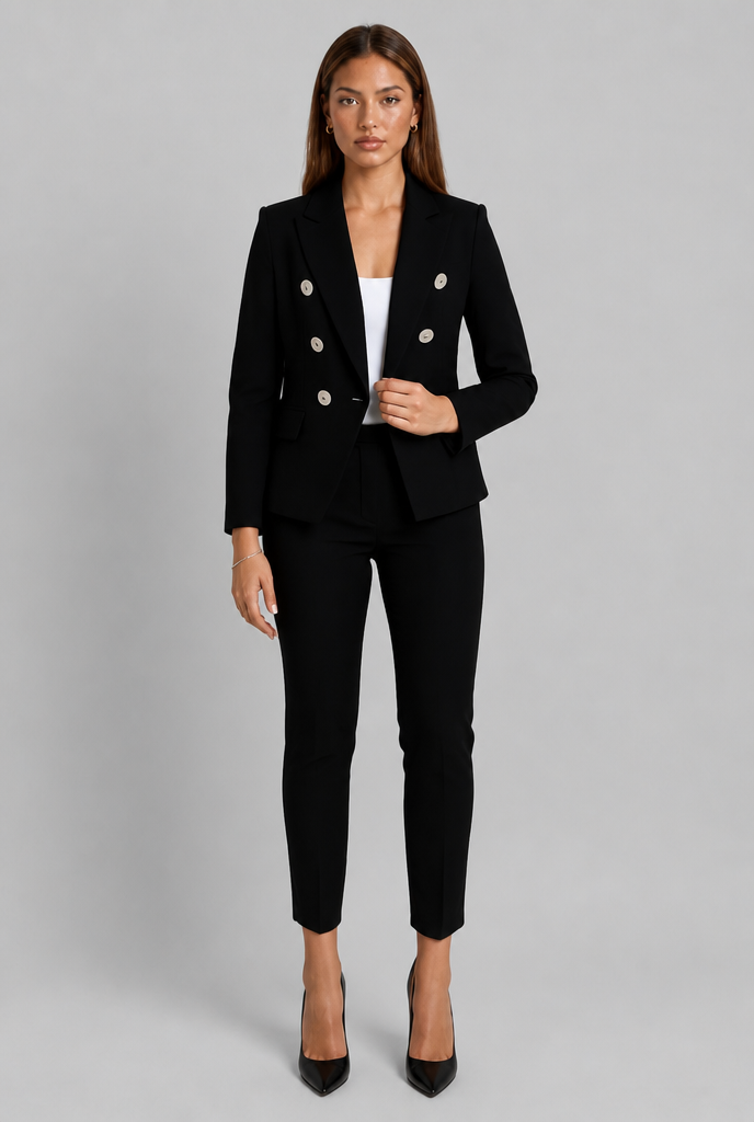 Tailleur Donna Doppiopetto Bottoni Oro e Pantaloni Dritti
