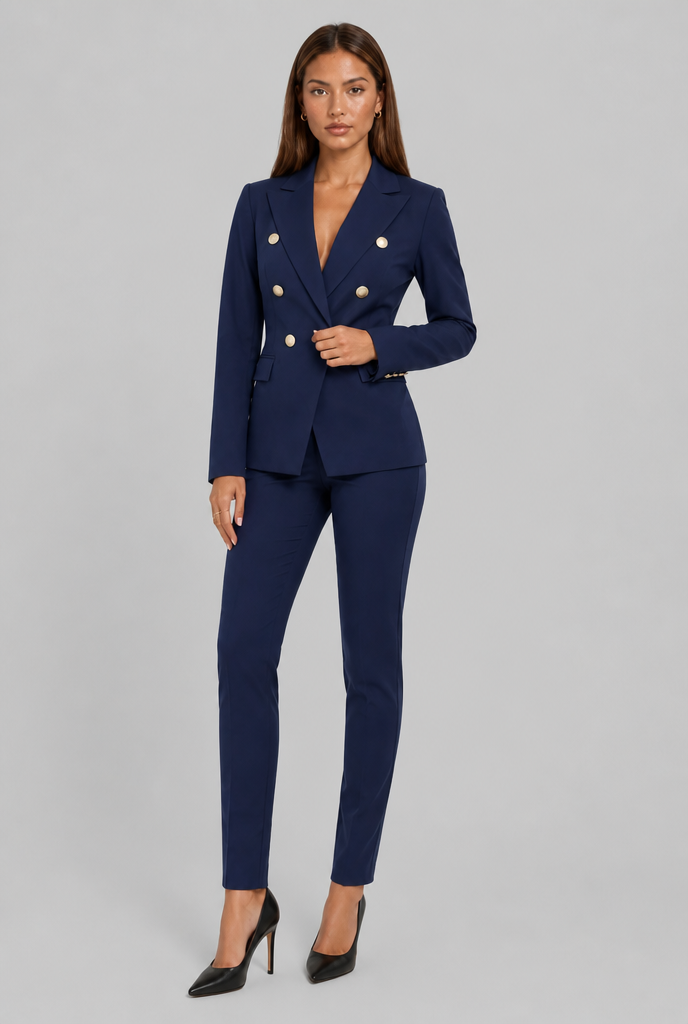 Tailleur Donna Doppiopetto Bottoni Oro e Pantaloni Dritti