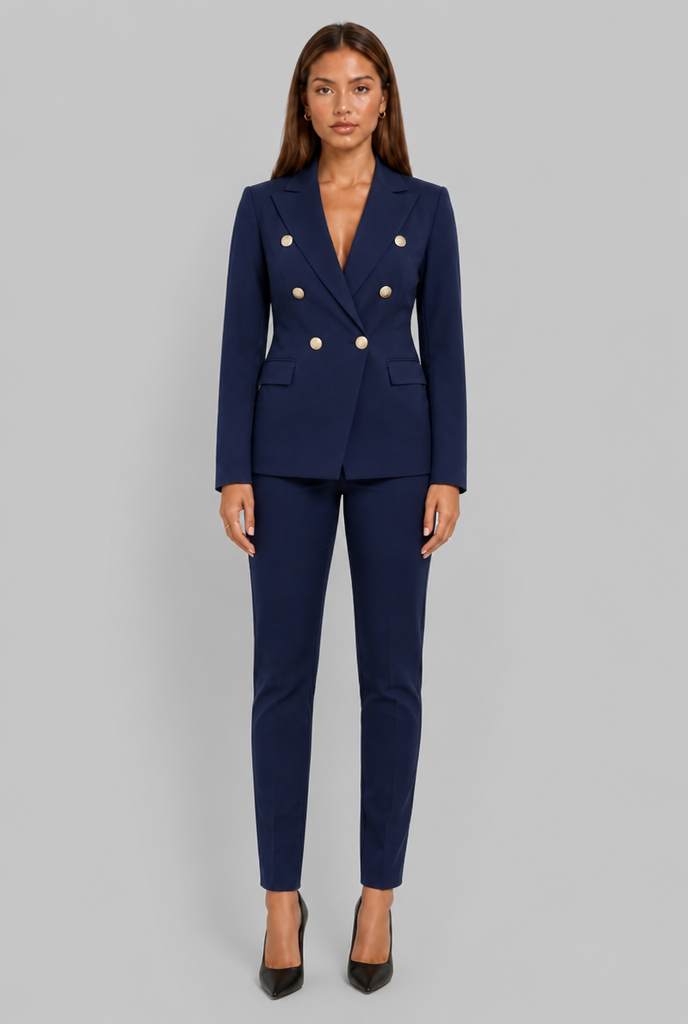Tailleur Donna Doppiopetto Bottoni Oro e Pantaloni Dritti
