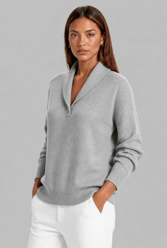Maglione Donna Polo Collo con Placket a V Spazzolato
