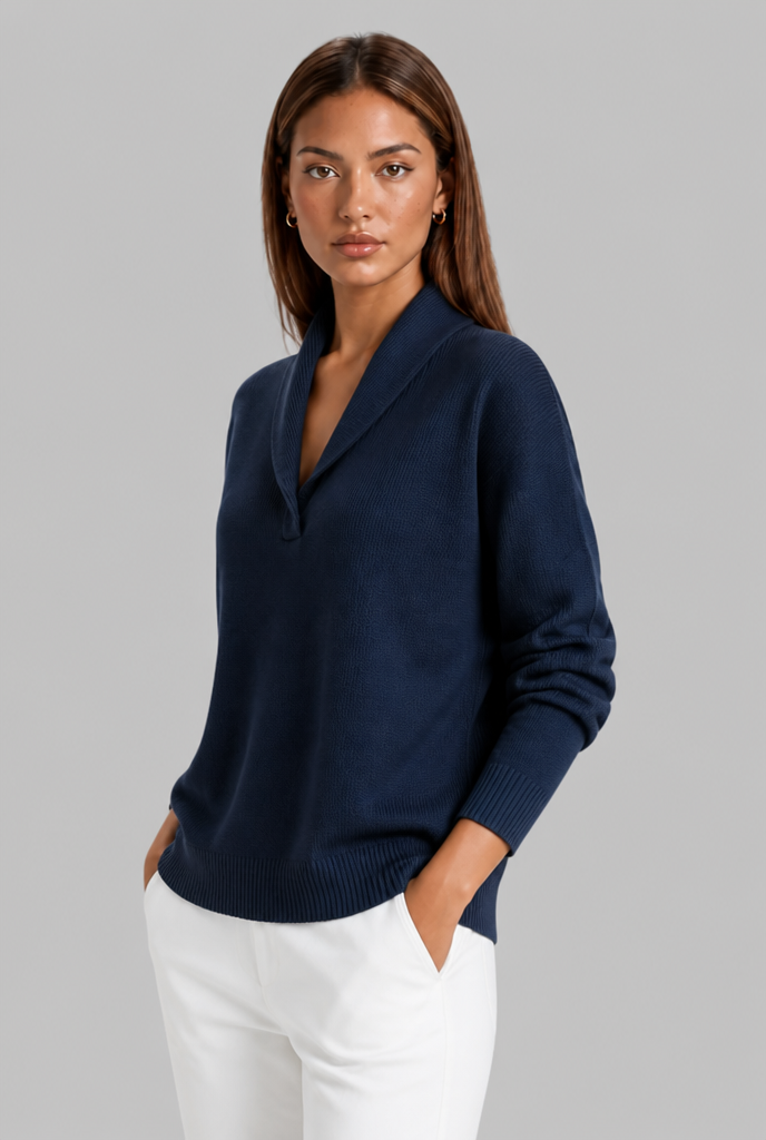 Maglione Donna Polo Collo con Placket a V Spazzolato