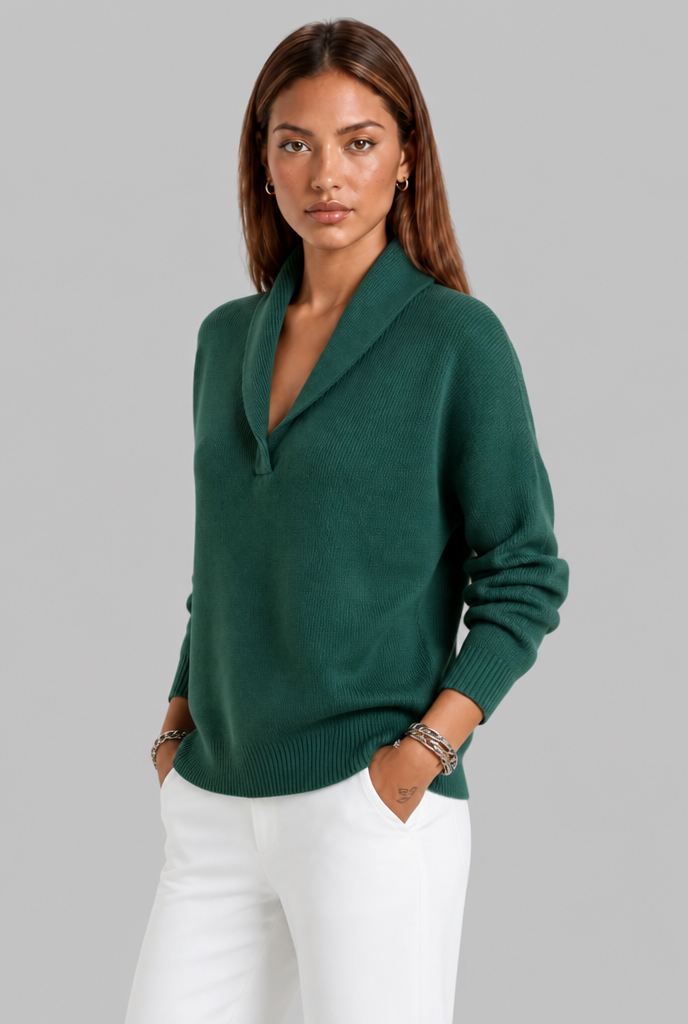 Maglione Donna Polo Collo con Placket a V Spazzolato