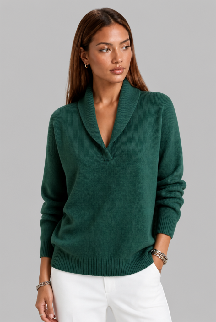 Maglione Donna Polo Collo con Placket a V Spazzolato