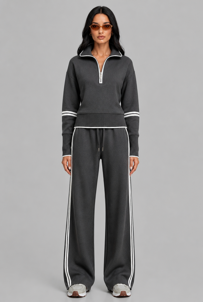 Completo Donna Lounge Mezza Zip Top Corto e Pantaloni Ampi