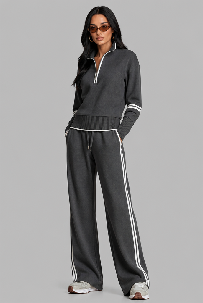 Completo Donna Lounge Mezza Zip Top Corto e Pantaloni Ampi