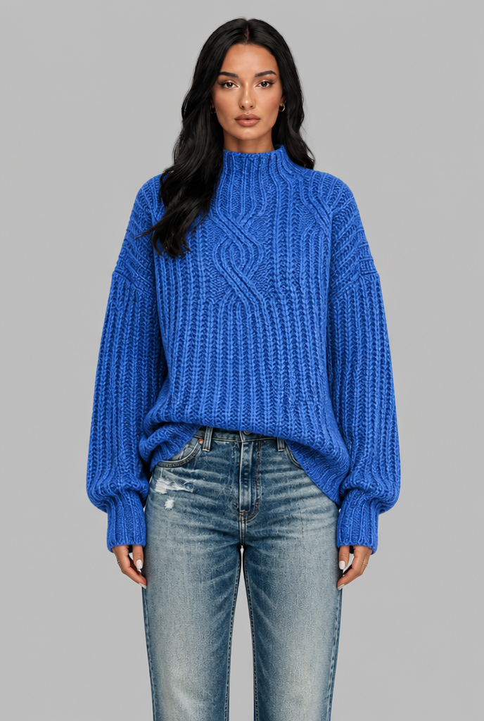 Maglione Donna Oversize a Trecce Collo Mock Maniche Palloncino