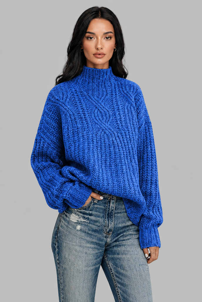 Maglione Donna Oversize a Trecce Collo Mock Maniche Palloncino