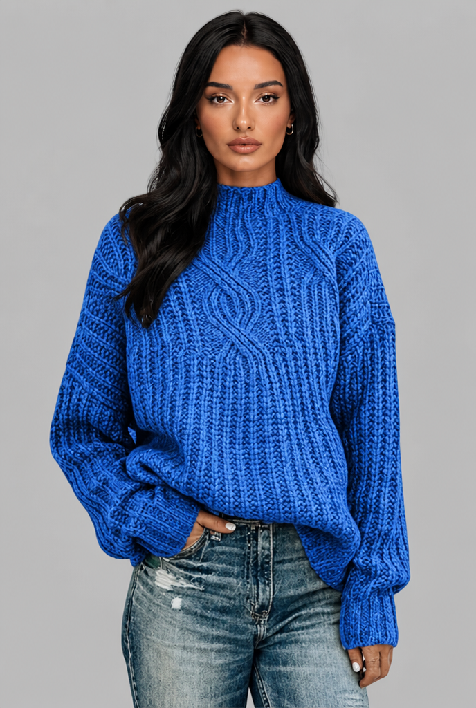 Maglione Donna Oversize a Trecce Collo Mock Maniche Palloncino