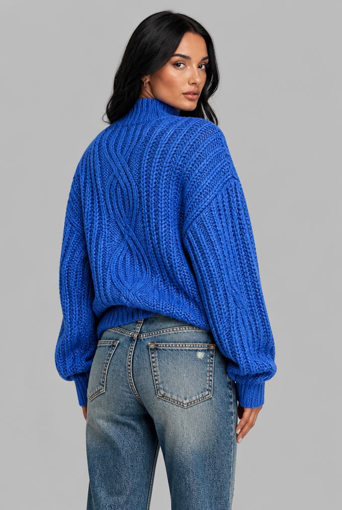 Maglione Donna Oversize a Trecce Collo Mock Maniche Palloncino