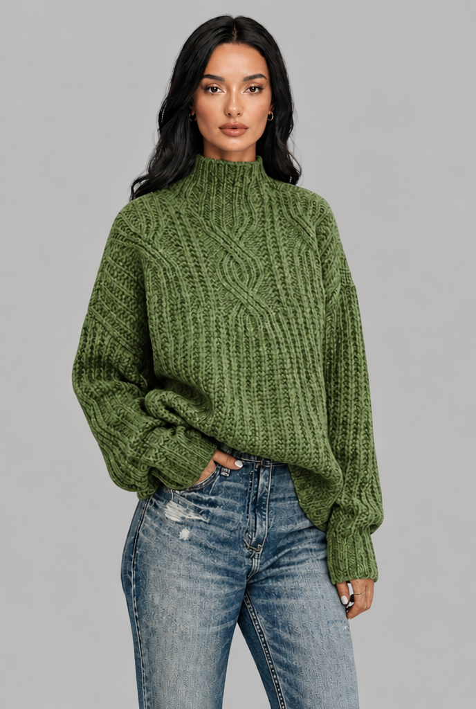 Maglione Donna Oversize a Trecce Collo Mock Maniche Palloncino
