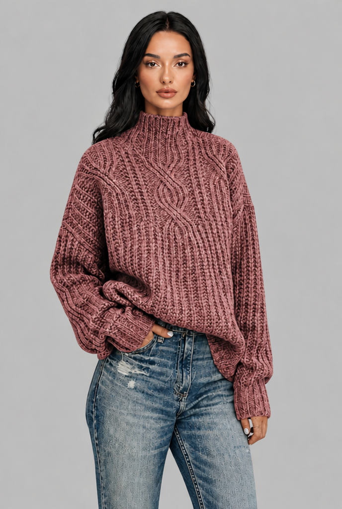 Maglione Donna Oversize a Trecce Collo Mock Maniche Palloncino