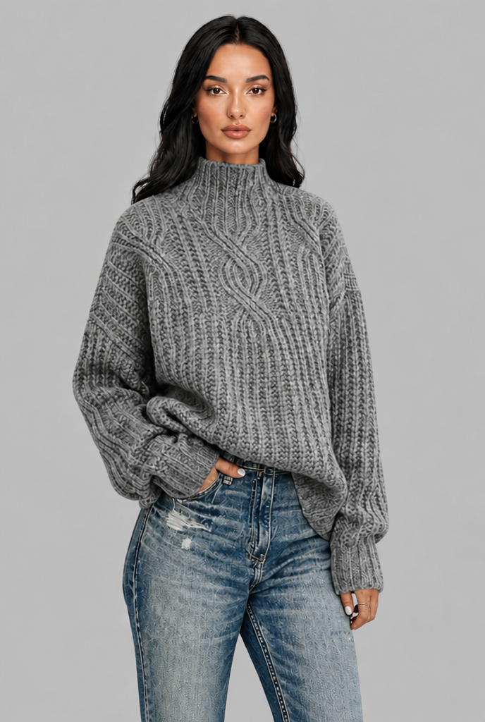 Maglione Donna Oversize a Trecce Collo Mock Maniche Palloncino