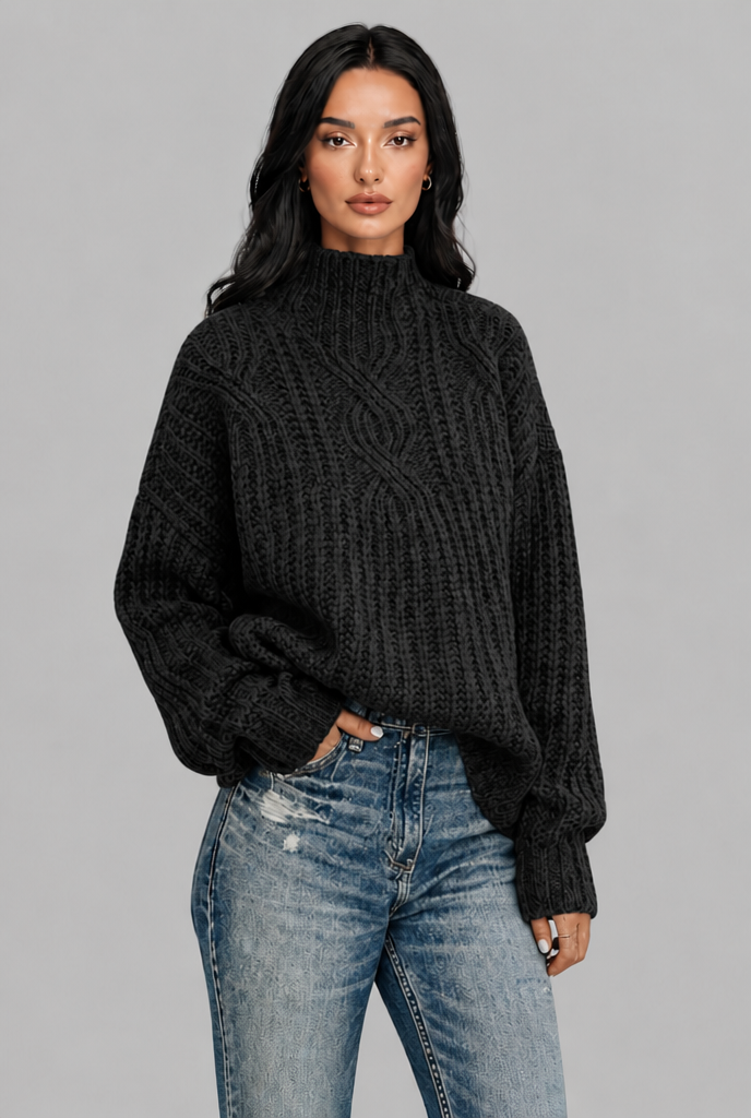 Maglione Donna Oversize a Trecce Collo Mock Maniche Palloncino