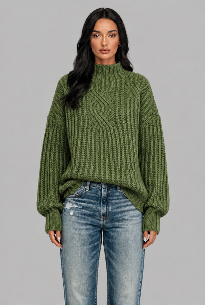 Maglione Donna Oversize a Trecce Collo Mock Maniche Palloncino