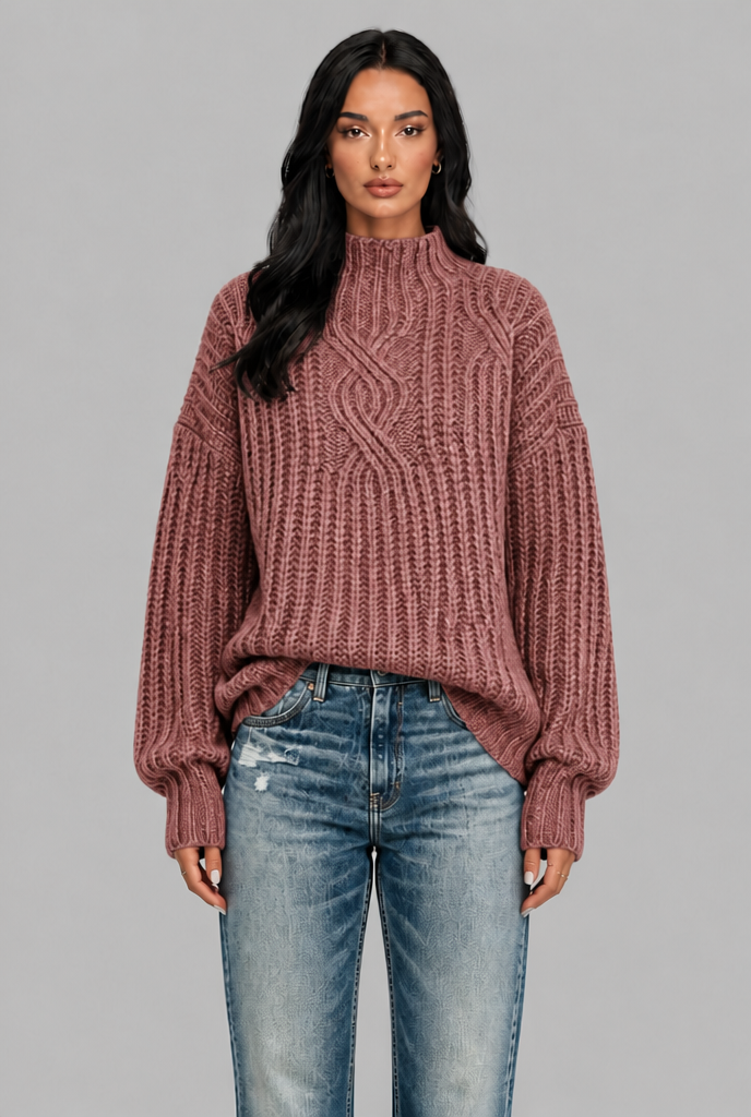 Maglione Donna Oversize a Trecce Collo Mock Maniche Palloncino