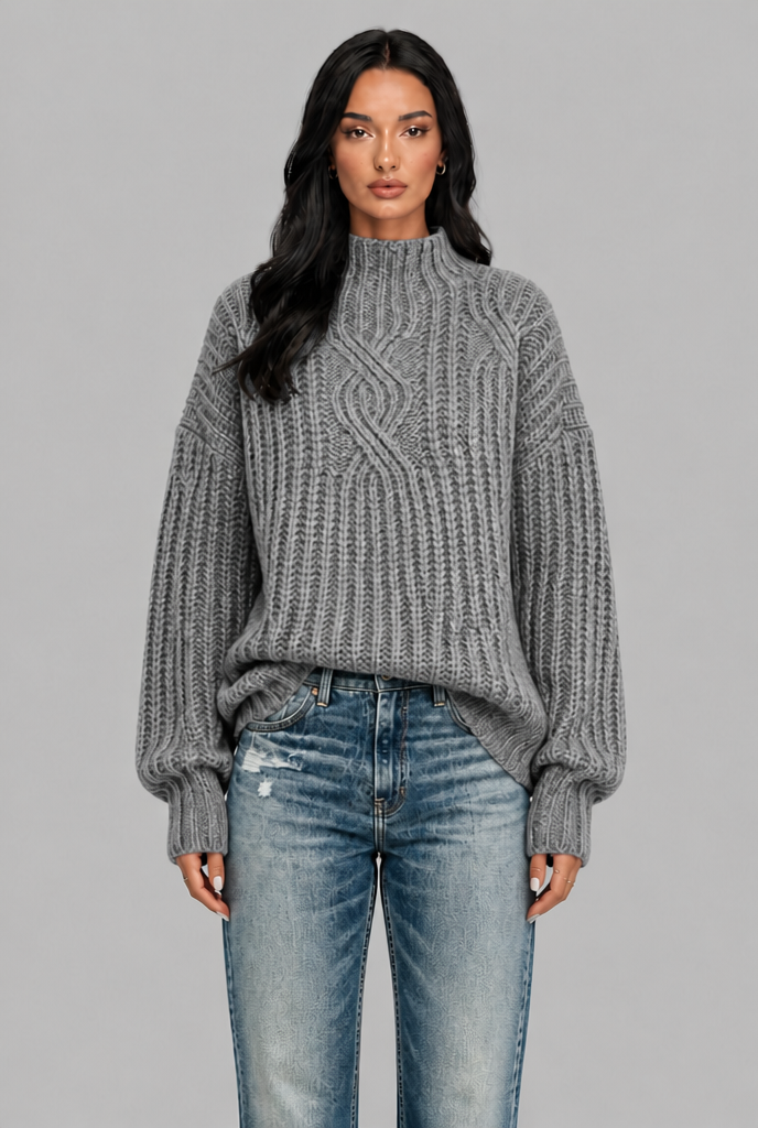 Maglione Donna Oversize a Trecce Collo Mock Maniche Palloncino