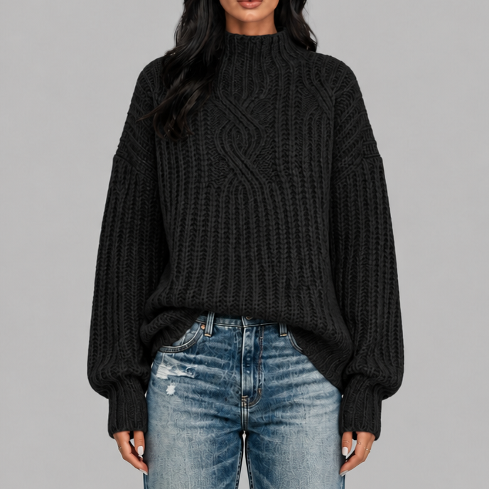 Maglione Donna Oversize a Trecce Collo Mock Maniche Palloncino
