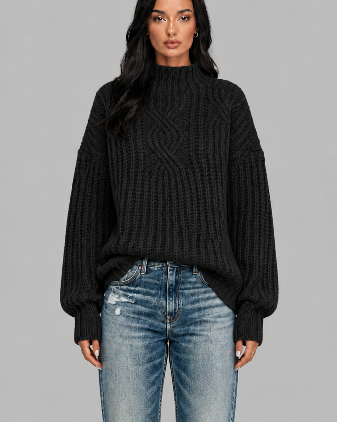 Maglione Donna Oversize a Trecce Collo Mock Maniche Palloncino