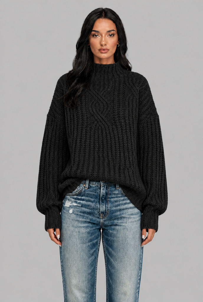 Maglione Donna Oversize a Trecce Collo Mock Maniche Palloncino